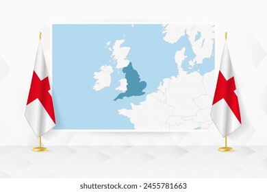 Map of England and flags of England on flag stand. Vector illustration for diplomacy meeting.