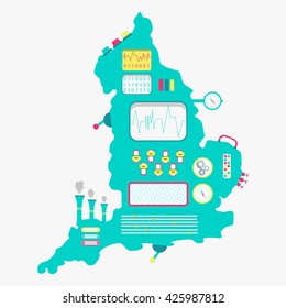 Map of England like a cute machine with buttons, screens, panels and handles. Isolated. White background.