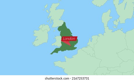 Map of England with pin of country capital. England Map with neighboring countries in green color.