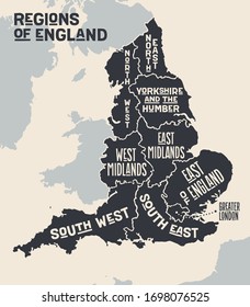 Map England. Poster map of regions of England. Black and white print map of England for t-shirt, poster, print. Hand-drawn graphic map with regions. Vector Illustration
