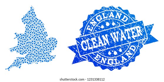 Map of England vector mosaic and clean water grunge stamp. Map of England created with blue aqua tears. Seal with grunge rubber texture for clean drinking water.