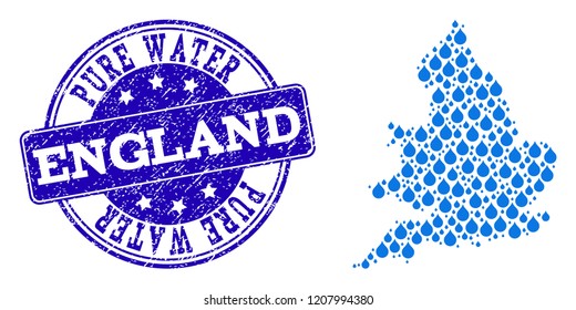 Map of England vector mosaic and Pure Water grunge stamp. Map of England created with blue water dews. Seal with scratched rubber texture for pure drinking water.
