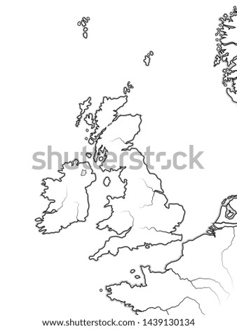 Map of The ENGLISH Lands: 
The Great Britain (The United Kingdom) — England, Scotland, Wales, And Ireland. British Isles, North Sea, English Channel. Geographic chart with sea coastline and islands.