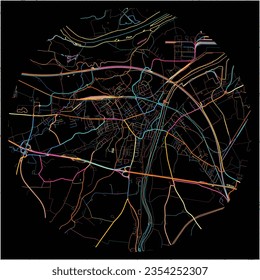Map of Enns, Upper Austria with all major and minor roads, railways and waterways. Colorful line art on black background.
