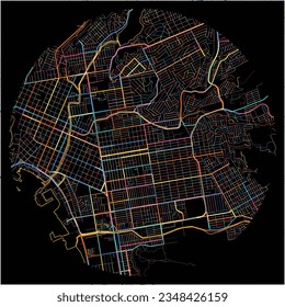 Map of Ensenada, Baja California with all major and minor roads, railways and waterways. Colorful line art on black background.