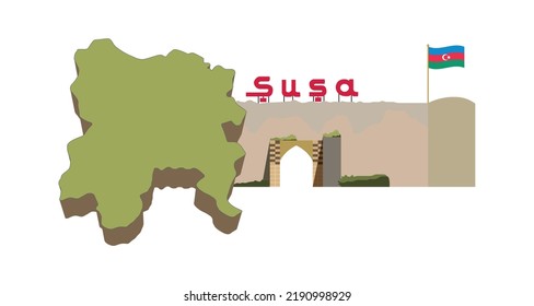 Map of entrance logo of the city of Shusha and Azerbaijan flag graphic element Illustration template design
