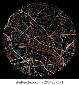 Karte von Epinay-sur-Seine, Seine-Saint-Denis mit allen wichtigen und kleineren Straßen, Eisenbahnen und Wasserstraßen. Farbige Linienkunst auf schwarzem Hintergrund.