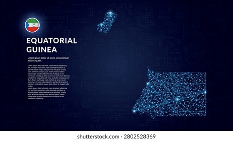Map of Equatorial Guinea. Digital and interconnected country highlighting most important cities. Business map. Modern and Technological design with abstract mesh polygonal shapes on dark blue background