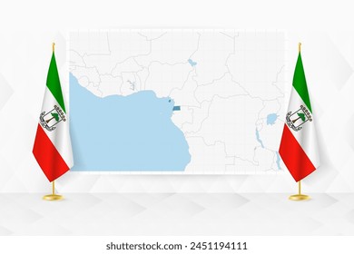 Map of Equatorial Guinea and flags of Equatorial Guinea on flag stand. Vector illustration for diplomacy meeting.