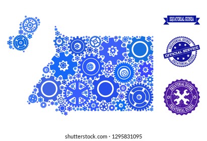 Map of Equatorial Guinea formed with blue gear symbols, and isolated rubber stamps for official repair services. Vector abstract mosaic of map of Equatorial Guinea with industry symbols in blue hues.