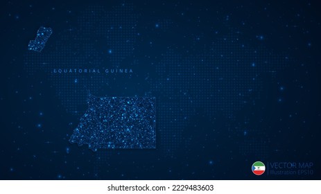 Map of Equatorial Guinea modern design with polygonal shapes on dark blue background. Business wireframe mesh spheres from flying debris. Blue structure style vector illustration concept.