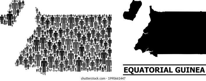 Mapa de Guinea Ecuatorial para aplicaciones nacionales. Collage demográfico vectorial. Mapa de colectivos de Guinea Ecuatorial organizado de pictogramas humanos. Esquema demográfico en variaciones de color gris oscuro.