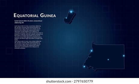 Map of Equatorial Guinea. Neon lights on dark background highlighting the major cities. Illustration of the digital map in blue. Technological connectivity of the geographic area