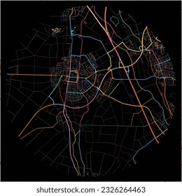 Map of Erftstadt, North Rhine-Westphalia with all major and minor roads, railways and waterways. Colorful line art on black background.