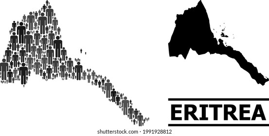 Map of Eritrea for demographics propaganda. Vector demographics collage. Composition map of Eritrea combined of human pictograms. Demographic scheme in dark grey color tones.