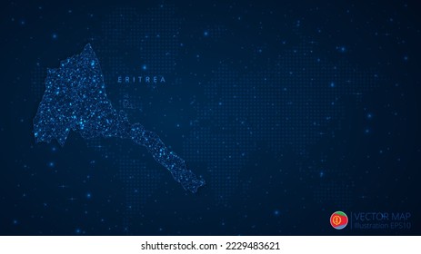 Map of Eritrea modern design with polygonal shapes on dark blue background. Business wireframe mesh spheres from flying debris. Blue structure style vector illustration concept.