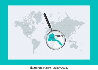 Map of Eritrea on political world map with magnifying glass