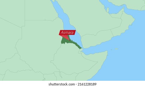 Map of Eritrea with pin of country capital. Eritrea Map with neighboring countries in green color.