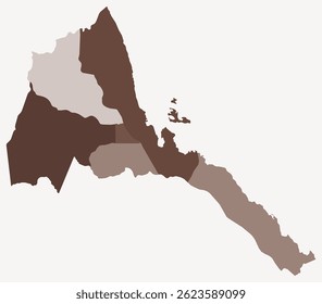 Map of Eritrea with regions. Just a simple country border map with region division. Brown color palette. Plain State of Eritrea shape with administrative division. Vector illustration.