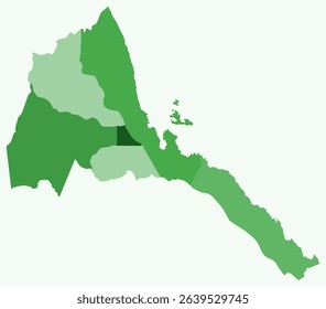 Map of Eritrea with regions. A simple country border map with region division. Green color palette. Flat state of Eritrea shape with administrative division. Vector illustration.