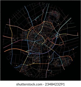 Map of Erkelenz, North Rhine-Westphalia with all major and minor roads, railways and waterways. Colorful line art on black background.