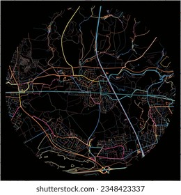 Map of Erkrath, North Rhine-Westphalia with all major and minor roads, railways and waterways. Colorful line art on black background.