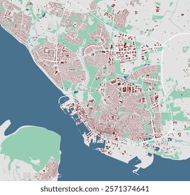 Map of Esbjerg, Denmark. Detailed city vector map with buildings, municipality area. Streetmap with roads.