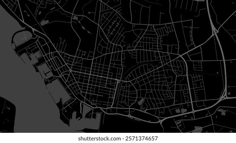 Map of Esbjerg, Denmark. Detailed city vector map, metropolitan area. Black and white streetmap with roads and water.