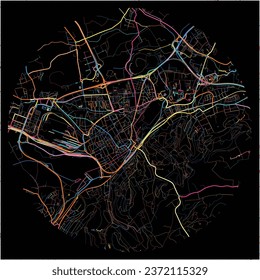 Map of Esch-sur-Alzette, Esch-sur-Alzette with all major and minor roads, railways and waterways. Colorful line art on black background.