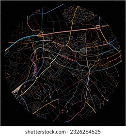 Map of Eschweiler, North Rhine-Westphalia with all major and minor roads, railways and waterways. Colorful line art on black background.