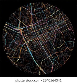 Mapa de Escondido, California con todas las carreteras principales y menores, ferrocarriles y vías fluviales. Coloridas líneas de arte sobre fondo negro.