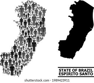 Mapa de Espirito Santo para propaganda social. Collage de la nación vector. Mapa conceptual del estado de Espirito Santo construido con elementos poblacionales. Concepto demográfico en tintes de color gris oscuro.