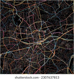 Mapa de Essen, Renania del Norte-Westfalia con todas las carreteras principales y menores, ferrocarriles y vías fluviales. Coloridas líneas de arte sobre fondo negro.