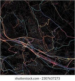 Map of EsslingenamNeckar, Baden-Wuerttemberg with all major and minor roads, railways and waterways. Colorful line art on black background.