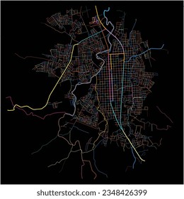 Map of Esteli, Esteli with all major and minor roads, railways and waterways. Colorful line art on black background.