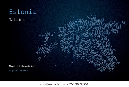 Un mapa de Estonia representado en ceros y unos en forma de círculo. La capital, Tallin, se muestra en el centro del círculo	