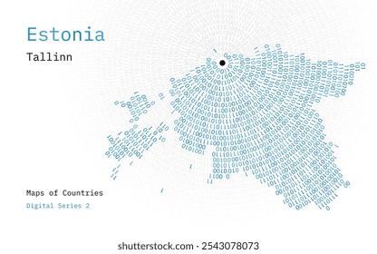 A map of Estonia depicted in zeros and ones in the form of a circle. The capital, Tallinn, is shown in the center of the circle	