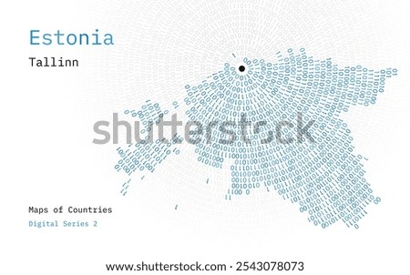 A map of Estonia depicted in zeros and ones in the form of a circle. The capital, Tallinn, is shown in the center of the circle	