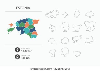 Mapa de Estonia con mapa detallado del país. Mapa de elementos de ciudades, áreas totales y capital.