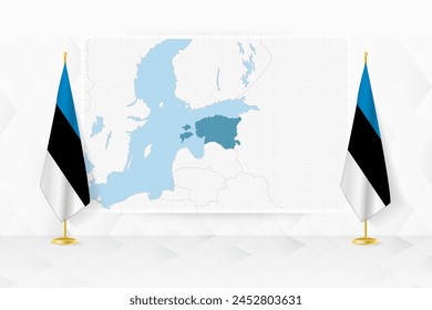 Mapa de Estonia y banderas de Estonia en stand de bandera. Ilustración vectorial para la reunión de diplomacia.