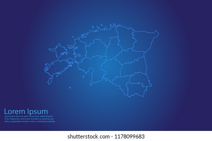 Map of estonia - With glowing point and lines scales on the dark gradient background.estonia map with country borders, thin Blue outline on Dark background.