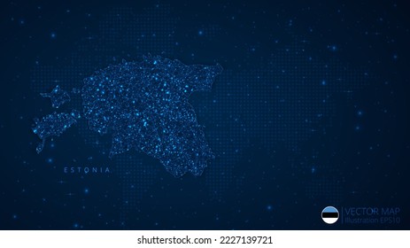 Karte Estlands modernes Design mit polygonalen Formen auf dunkelblauem Hintergrund. Business Wireframe Maschendraht Kugeln aus fliegenden Trümmern. Blaues strukturähnliches Vektorgrafik-Konzept.