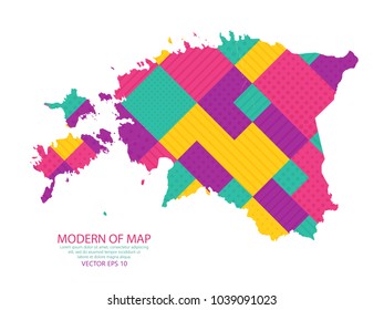 Map of Estonia - Modern Geometric dots and lines background, colorful carving art - blue, yellow and purple. Vector illustration eps 10.