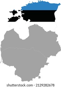 Map of Estonia with national flag within the gray map of Baltic countries