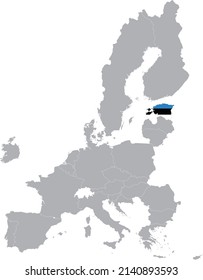 Mapa de Estonia con bandera nacional dentro del mapa gris de los países de la Unión Europea
