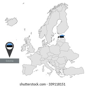 Map of Estonia with an official flag. Location in Europe