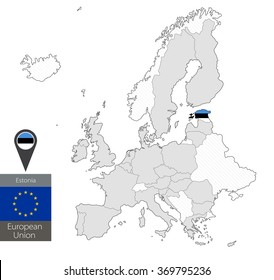 Map of Estonia with an official flag. Location on European Union map