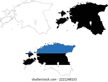 Mapa de Estonia con fondo blanco. Esquema del mapa de Estonia. Mapa vectorial de Estonia con la bandera dentro. 