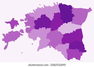 Map of Estonia with regions. Just a simple country border map with region division. Purple color palette. Flat Republic of Estonia shape with administrative division. Vector illustration.