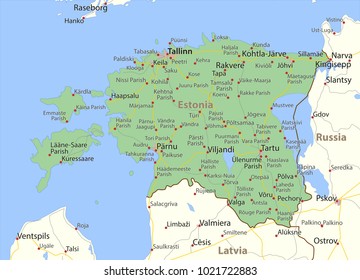 Map of Estonia. Shows country borders, urban areas, place names and roads. Labels in English where possible.Projection: Mercator.